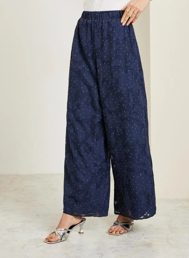 Styli  Navy Studded Jacquard Kimono and Pants Co-ords for Women | Best Price UAE
